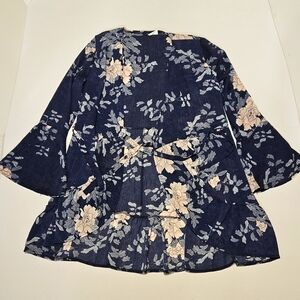 Navy & Peach Floral Peplum Blouse 2XL • Bell Sleeve Boho Tie Waist Top